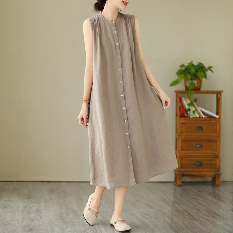 Buddha Stones – Schlichtes, einreihiges, plissiertes Midikleid aus Baumwolle und Leinen mit ärmellosem Schnitt - Dunkelkhaki - US 8-10, UK/AU 12-14, EU 40-42 (2XL) - image 6