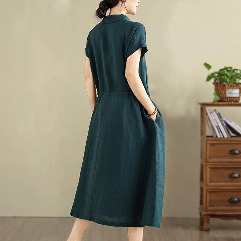 Buddha Stones Sommer-Midikleid aus Baumwolle und Leinen mit kurzen Ärmeln und Kordelzug und Taschen - image 10