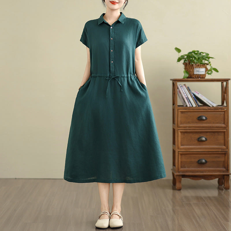 Buddha Stones Sommer-Midikleid aus Baumwolle und Leinen mit kurzen Ärmeln und Kordelzug und Taschen - image 7