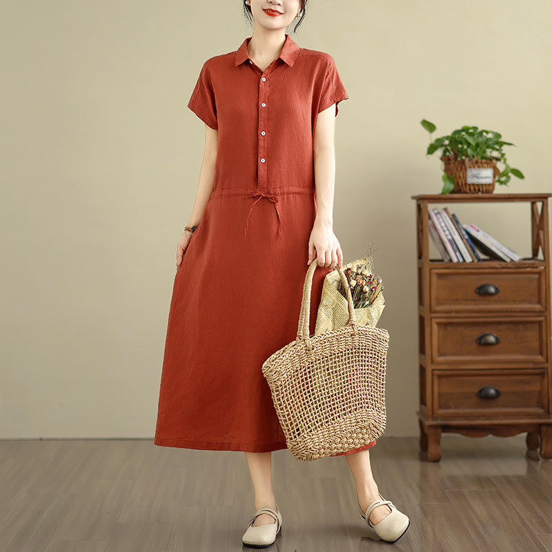 Buddha Stones Sommer-Midikleid aus Baumwolle und Leinen mit kurzen Ärmeln und Kordelzug und Taschen - image 21