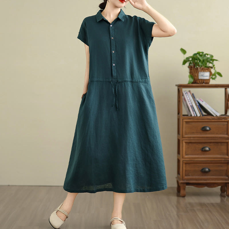 Buddha Stones Sommer-Midikleid aus Baumwolle und Leinen mit kurzen Ärmeln und Kordelzug und Taschen - image 11