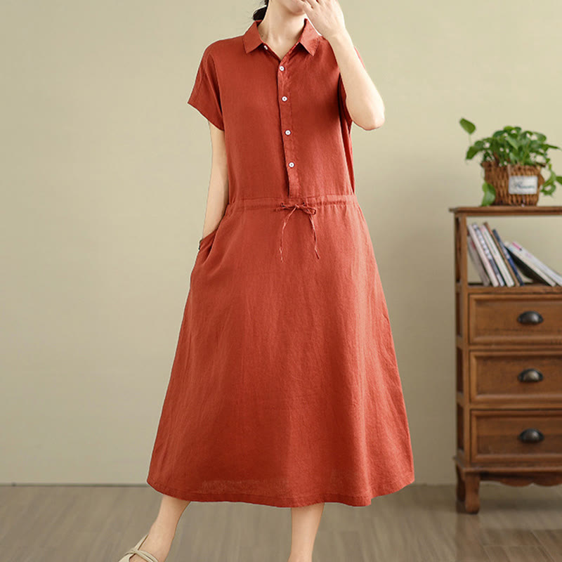 Buddha Stones Sommer-Midikleid aus Baumwolle und Leinen mit kurzen Ärmeln und Kordelzug und Taschen - image 18