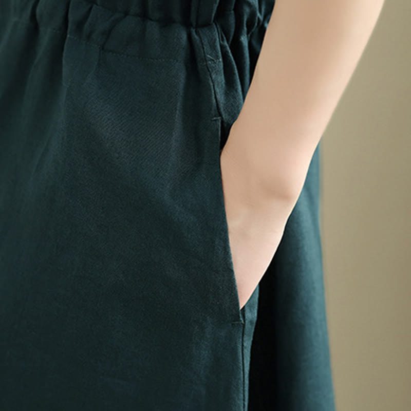 Buddha Stones Sommer-Midikleid aus Baumwolle und Leinen mit kurzen Ärmeln und Kordelzug und Taschen - image 14