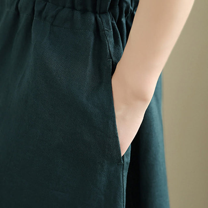 Buddha Stones Sommer-Midikleid aus Baumwolle und Leinen mit kurzen Ärmeln und Kordelzug und Taschen - image 14