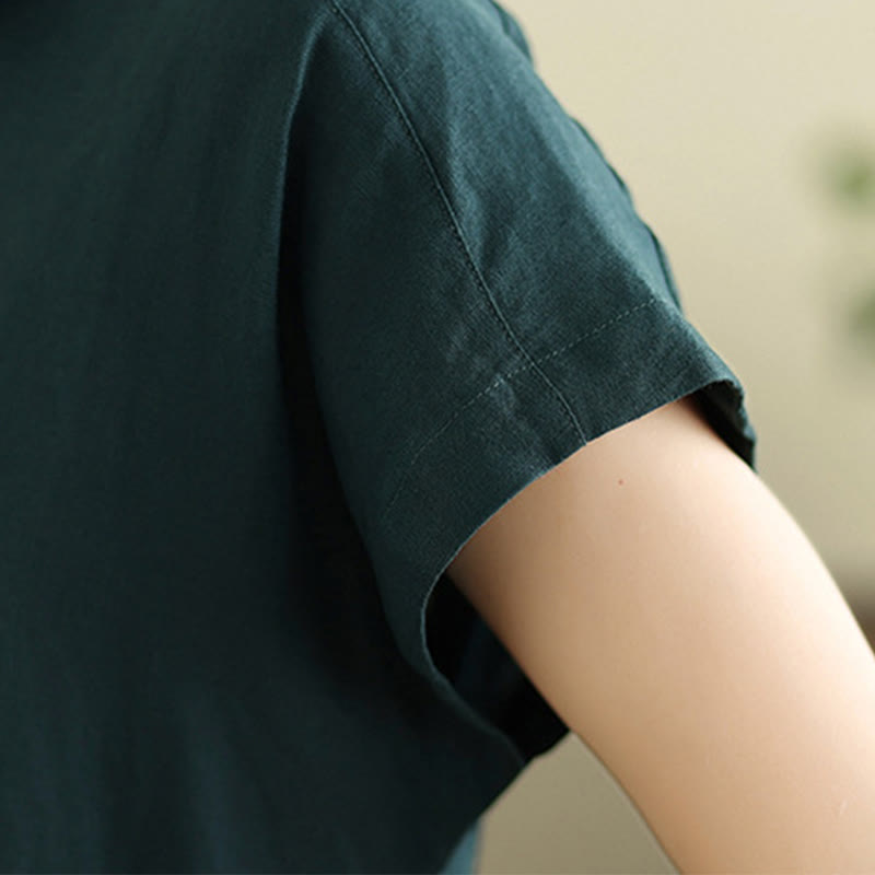 Buddha Stones Sommer-Midikleid aus Baumwolle und Leinen mit kurzen Ärmeln und Kordelzug und Taschen - image 13