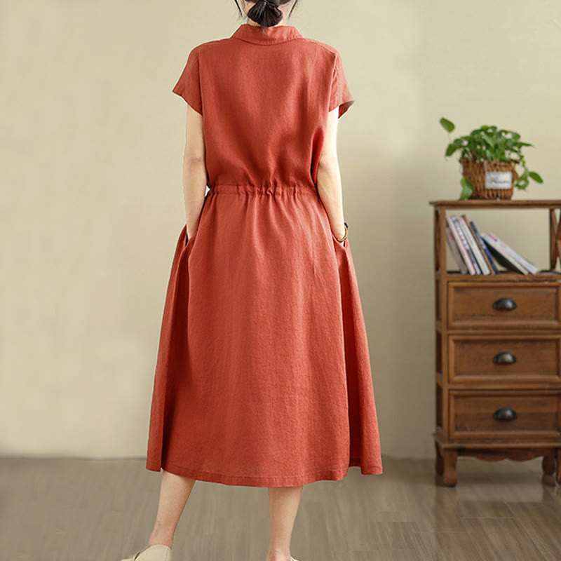 Buddha Stones Sommer-Midikleid aus Baumwolle und Leinen mit kurzen Ärmeln und Kordelzug und Taschen - image 19