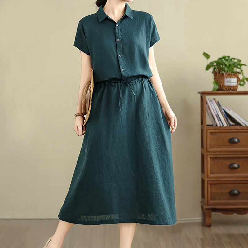 Buddha Stones Sommer-Midikleid aus Baumwolle und Leinen mit kurzen Ärmeln und Kordelzug und Taschen - image 9