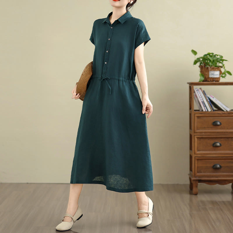 Buddha Stones Sommer-Midikleid aus Baumwolle und Leinen mit kurzen Ärmeln und Kordelzug und Taschen - image 8