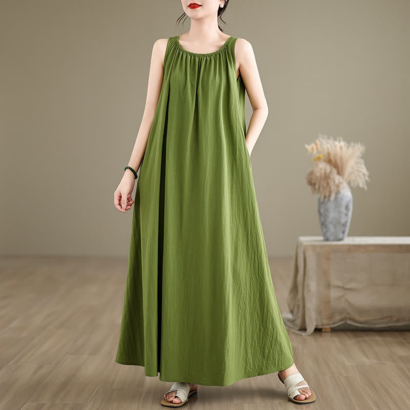 Buddha Stones Sommer-Midikleid aus Baumwolle mit legerem, schlichtem Plissee-Design, ärmellos, Rundhalsausschnitt und Taschen - Limettengrün - US8-10， UK/AU12-14，EU40-42 (2XL) - image 1