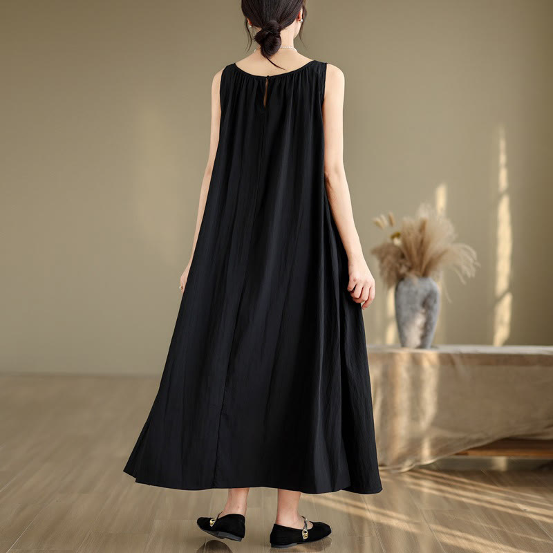 Buddha Stones Sommer-Midikleid aus Baumwolle mit legerem, schlichtem Plissee-Design, ärmellos, Rundhalsausschnitt und Taschen - image 18
