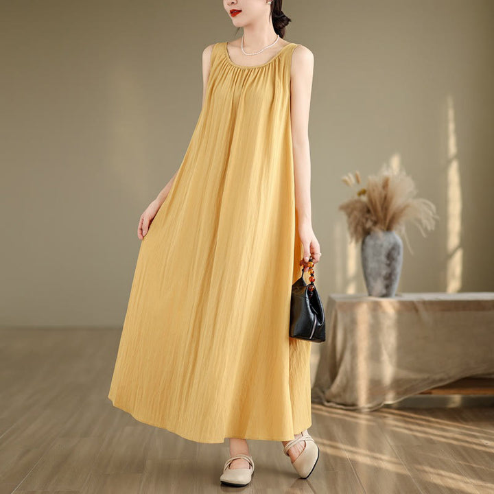 Buddha Stones Sommer-Midikleid aus Baumwolle mit legerem, schlichtem Plissee-Design, ärmellos, Rundhalsausschnitt und Taschen - Khaki - US8-10， UK/AU12-14，EU40-42 (2XL) - image 3