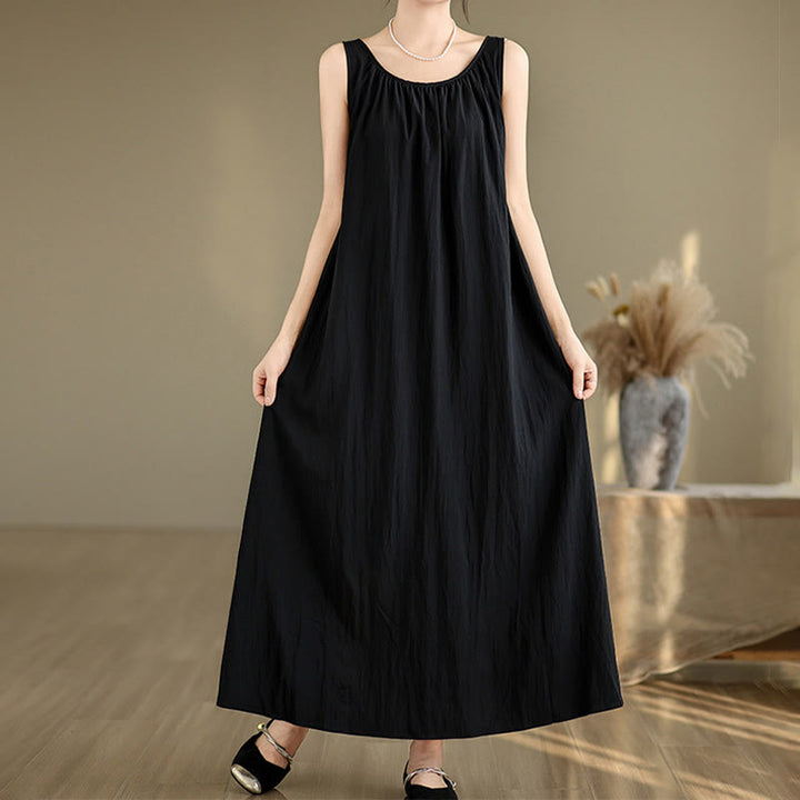 Buddha Stones Sommer-Midikleid aus Baumwolle mit legerem, schlichtem Plissee-Design, ärmellos, Rundhalsausschnitt und Taschen - image 17