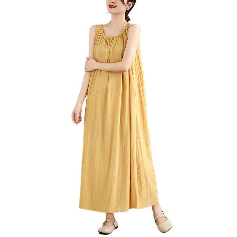 Buddha Stones Sommer-Midikleid aus Baumwolle mit legerem, schlichtem Plissee-Design, ärmellos, Rundhalsausschnitt und Taschen - image 14
