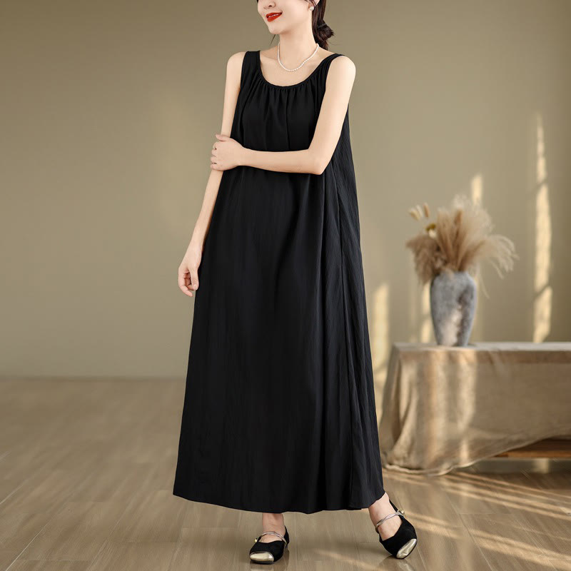Buddha Stones Sommer-Midikleid aus Baumwolle mit legerem, schlichtem Plissee-Design, ärmellos, Rundhalsausschnitt und Taschen - image 16
