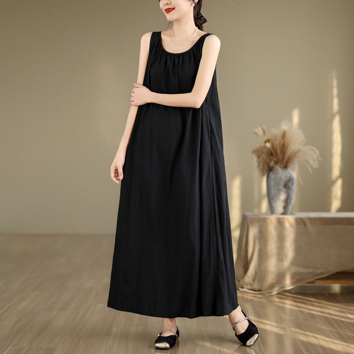 Buddha Stones Sommer-Midikleid aus Baumwolle mit legerem, schlichtem Plissee-Design, ärmellos, Rundhalsausschnitt und Taschen - image 16