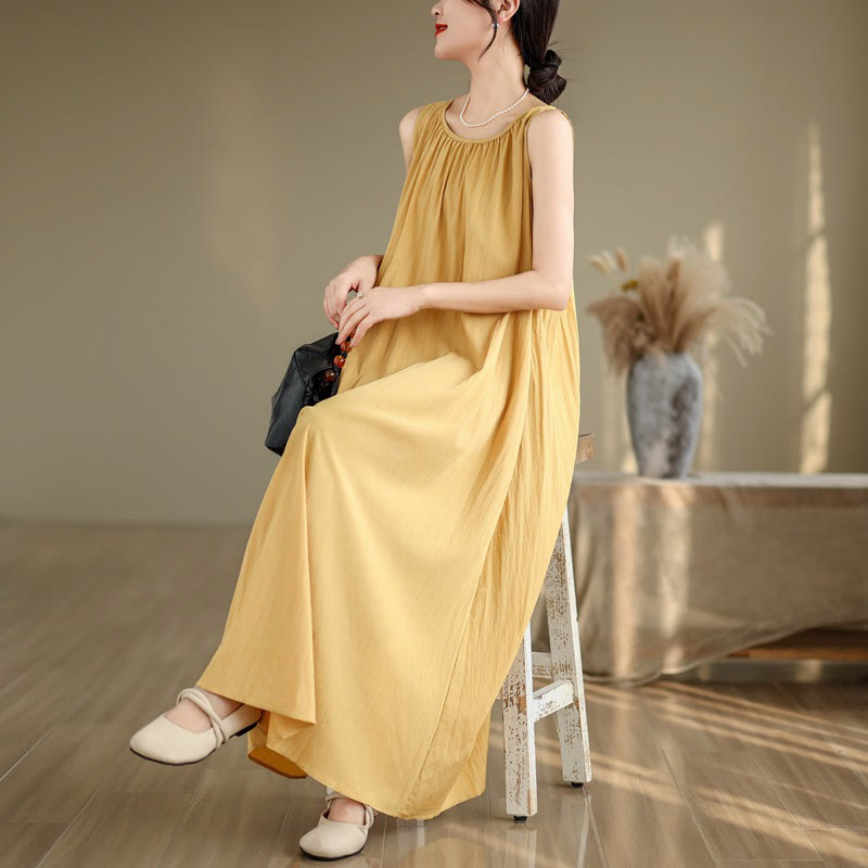 Buddha Stones Sommer-Midikleid aus Baumwolle mit legerem, schlichtem Plissee-Design, ärmellos, Rundhalsausschnitt und Taschen - image 8