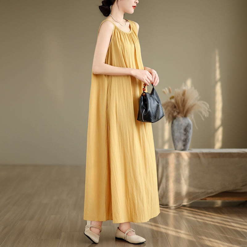 Buddha Stones Sommer-Midikleid aus Baumwolle mit legerem, schlichtem Plissee-Design, ärmellos, Rundhalsausschnitt und Taschen - image 7