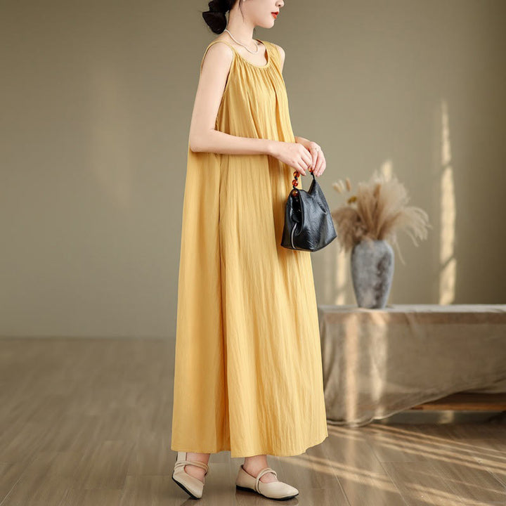 Buddha Stones Sommer-Midikleid aus Baumwolle mit legerem, schlichtem Plissee-Design, ärmellos, Rundhalsausschnitt und Taschen - image 7