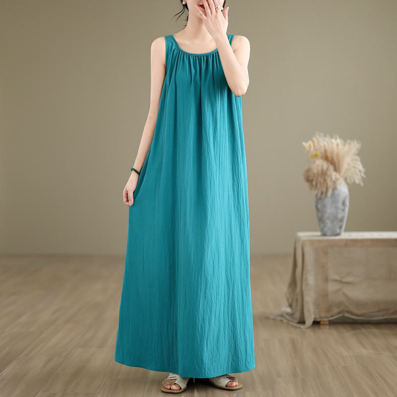 Buddha Stones Sommer-Midikleid aus Baumwolle mit legerem, schlichtem Plissee-Design, ärmellos, Rundhalsausschnitt und Taschen - Mitteltürkis - US8-10， UK/AU12-14，EU40-42 (2XL) - image 2