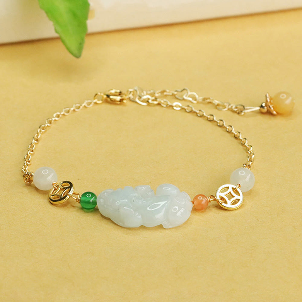 Buddha Stones Natur Jade PiXiu Geschnitztes Kupfermünzen-Glückskettenarmband
