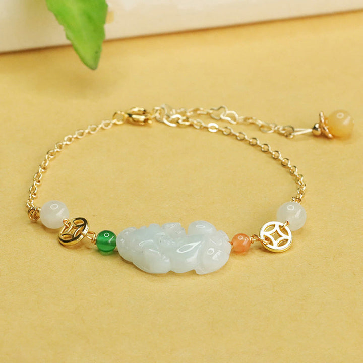 Buddha Stones Natur Jade PiXiu Geschnitztes Kupfermünzen-Glückskettenarmband