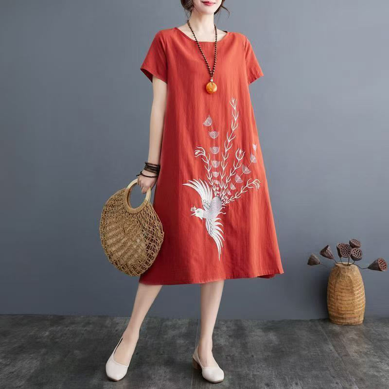 Buddha Stones Sommerdruck Phoenix-Muster Kurzarm-Midikleid aus Baumwolle und Leinen - OrangeRot - US14， UK/AU18，EU46 (4XL) - image 0