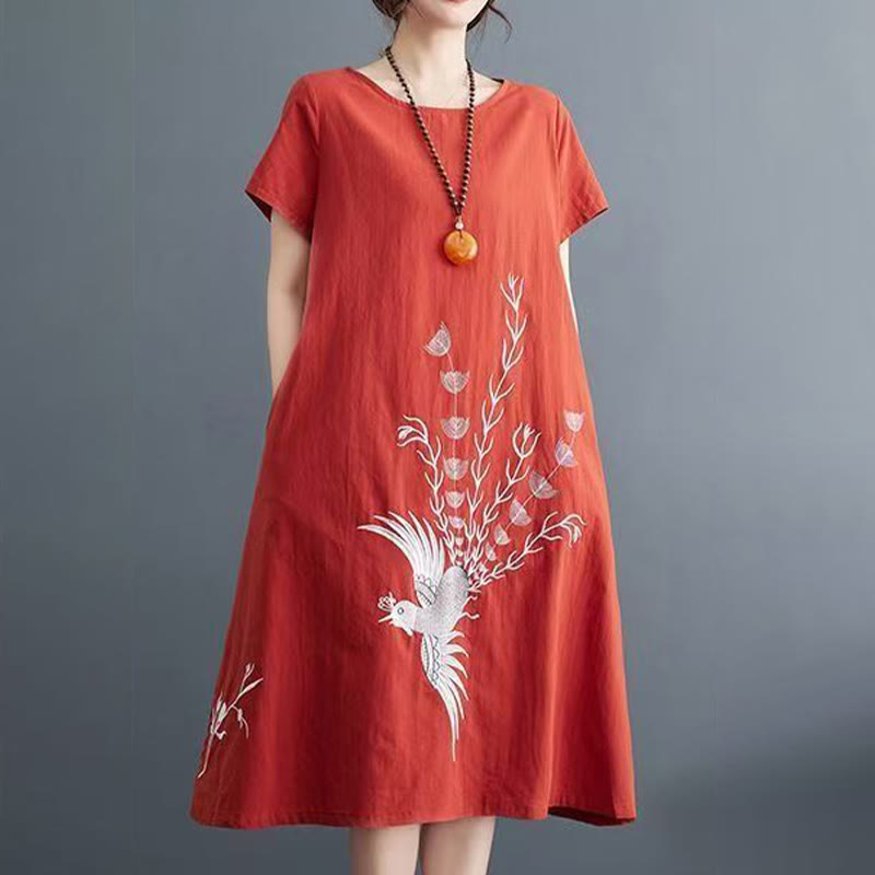 Buddha Stones Sommerdruck Phoenix-Muster Kurzarm-Midikleid aus Baumwolle und Leinen - image 1