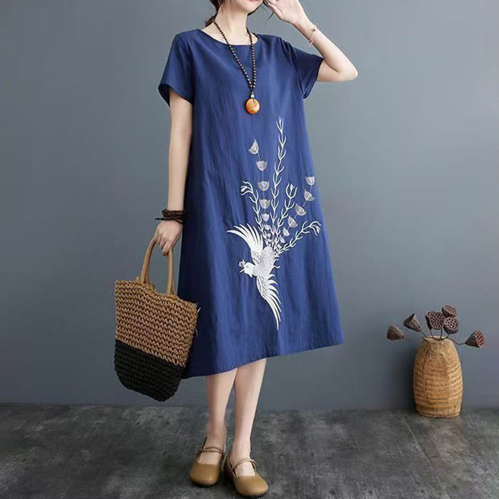 Sommerkleid mit Buddha Stones -Print und Phönix-Muster, Kurzarm, Midi-Länge - image 5