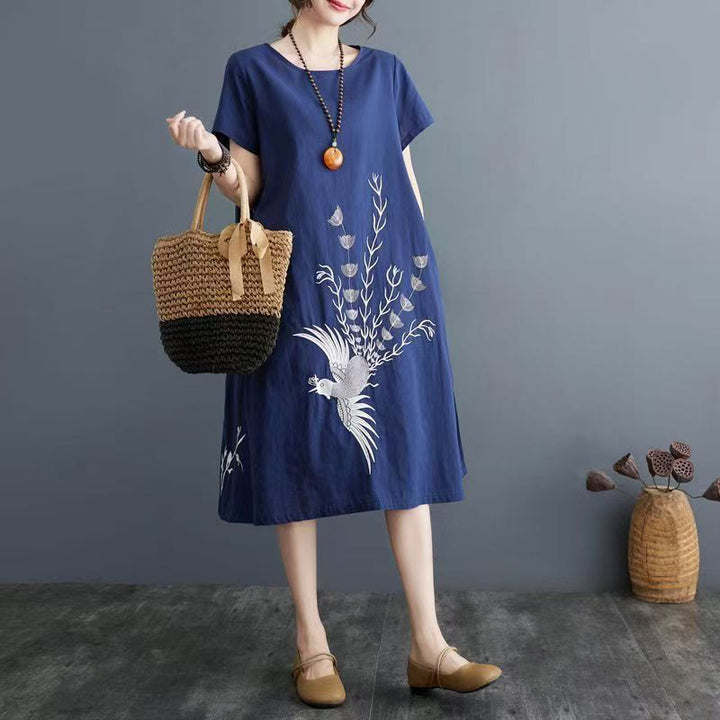 Sommerkleid mit Buddha Stones -Print und Phönix-Muster, Kurzarm, Midi-Länge - image 6