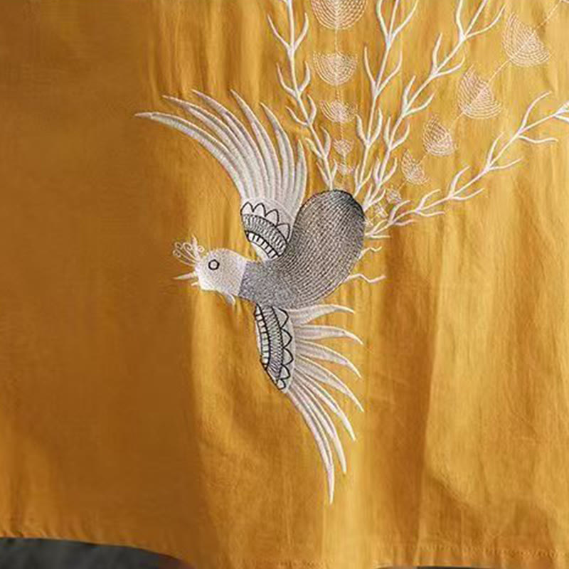 Buddha Stones Sommerdruck Phoenix-Muster Kurzarm-Midikleid aus Baumwolle und Leinen - image 13