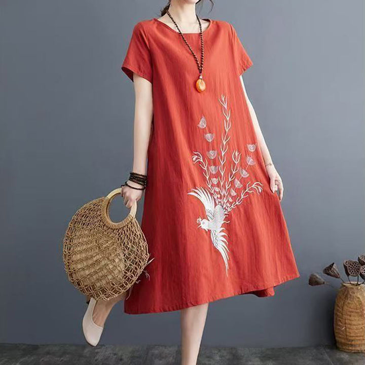 Buddha Stones Sommerdruck Phoenix-Muster Kurzarm-Midikleid aus Baumwolle und Leinen - image 3