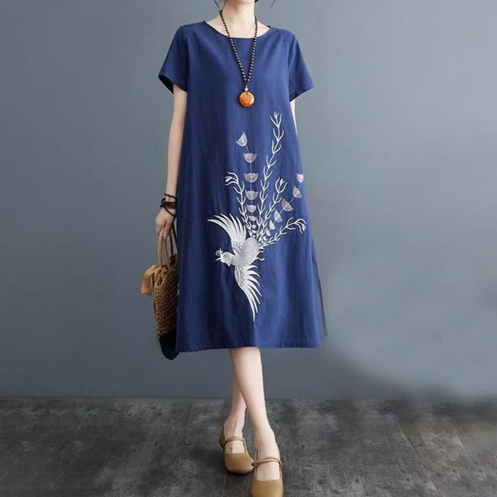 Sommerkleid mit Buddha Stones -Print und Phönix-Muster, Kurzarm, Midi-Länge - image 7