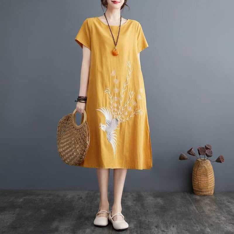 Buddha Stones Sommerdruck Phoenix-Muster Kurzarm-Midikleid aus Baumwolle und Leinen - Gold - US14， UK/AU18，EU46 (4XL) - image 8