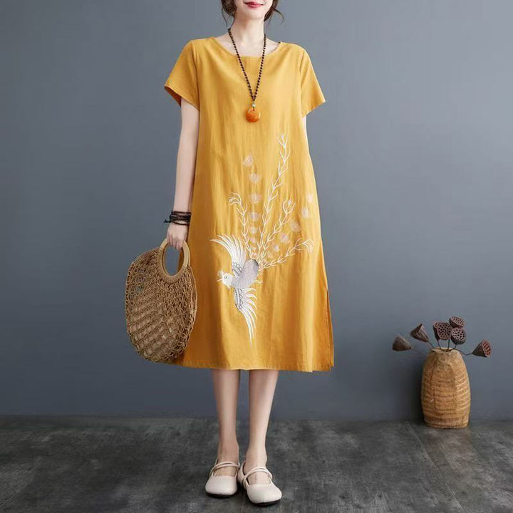 Buddha Stones Sommerdruck Phoenix-Muster Kurzarm-Midikleid aus Baumwolle und Leinen - Gold - US14， UK/AU18，EU46 (4XL) - image 8