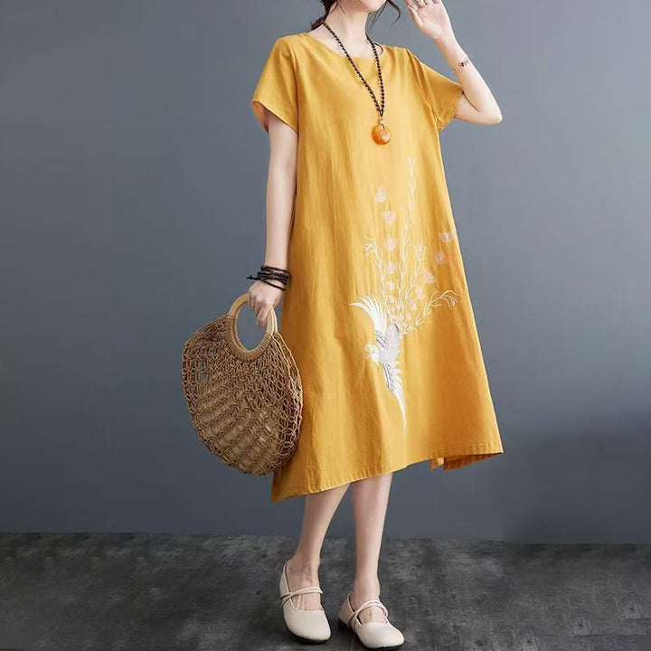 Sommerkleid mit Buddha Stones -Print und Phönix-Muster, Kurzarm, Midi-Länge - image 9