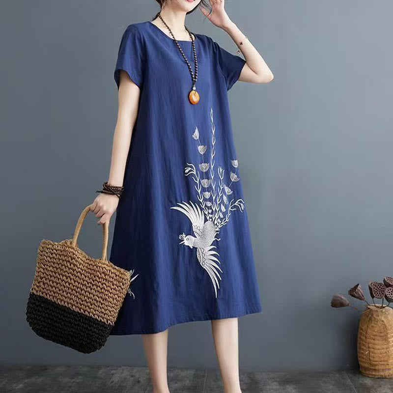 Buddha Stones Sommerdruck Phoenix-Muster Kurzarm-Midikleid aus Baumwolle und Leinen - Marine - US14， UK/AU18，EU46 (4XL) - image 4