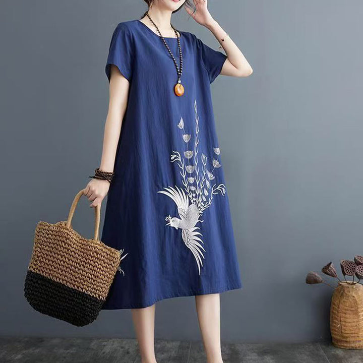 Buddha Stones Sommerdruck Phoenix-Muster Kurzarm-Midikleid aus Baumwolle und Leinen - Marine - US14， UK/AU18，EU46 (4XL) - image 4