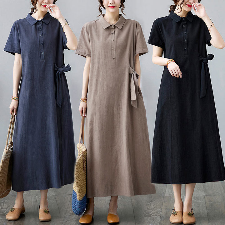 Buddha Stones – Lässiges, schlichtes Midikleid aus Baumwolle und Leinen mit seitlicher Schnürung und Revers, kurzärmelig - image 25