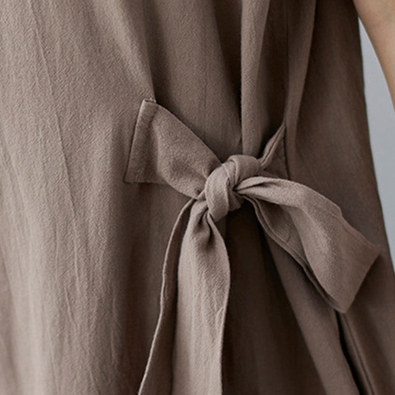 Buddha Stones – Lässiges, schlichtes Midikleid aus Baumwolle und Leinen mit seitlicher Schnürung und Revers, kurzärmelig - image 9