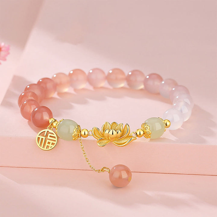 Buddha Stones 925 Sterling Silber Natürlicher Farbverlauf Achat Hetian Jade Lotus Fu Charakter Erleuchtungsarmband