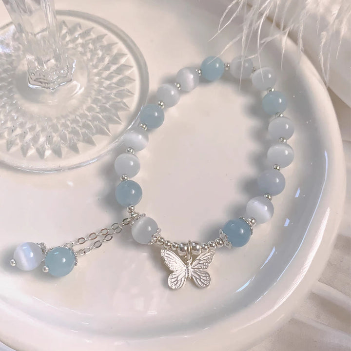 Buddha Stones Katzenauge Aquamarin Schmetterling Charm Stützarmband