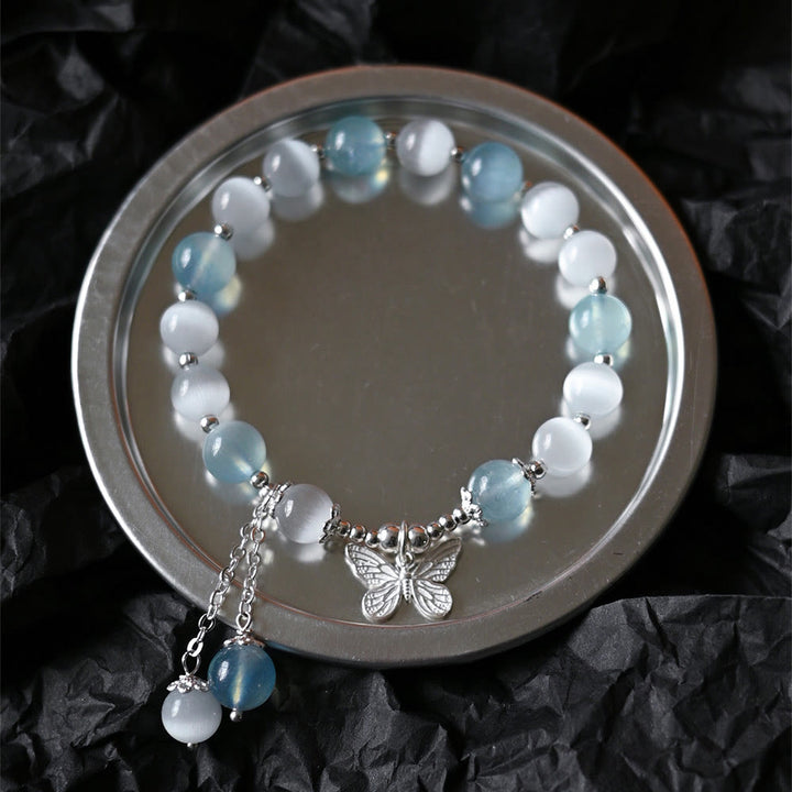 Buddha Stones Katzenauge Aquamarin Schmetterling Charm Stützarmband