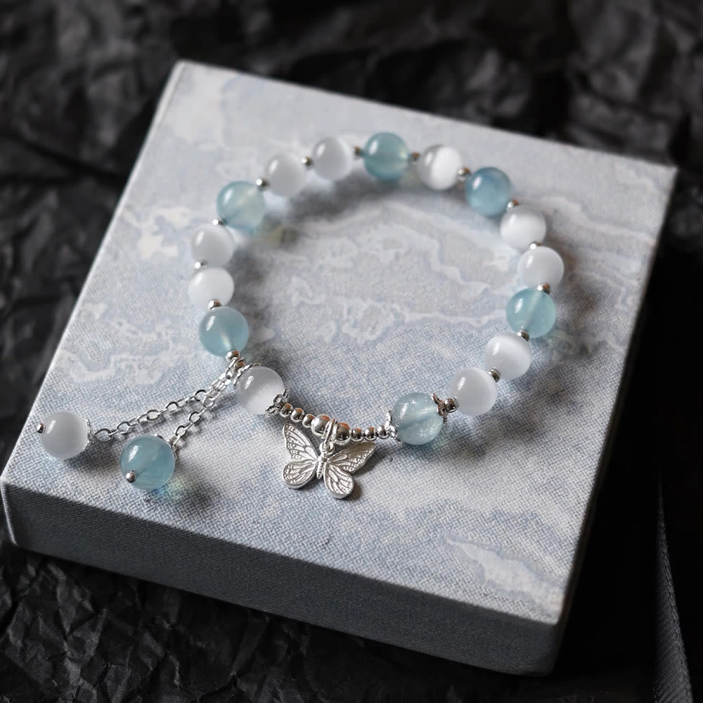 Buddha Stones Katzenauge Aquamarin Schmetterling Charm Stützarmband