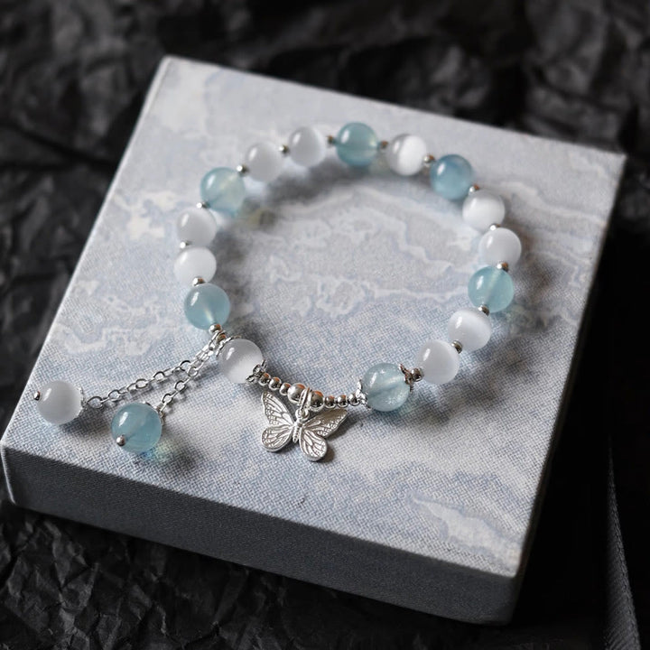 Buddha Stones Katzenauge Aquamarin Schmetterling Charm Stützarmband