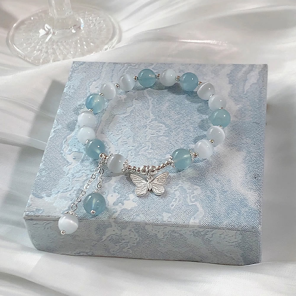Buddha Stones Katzenauge Aquamarin Schmetterling Charm Stützarmband