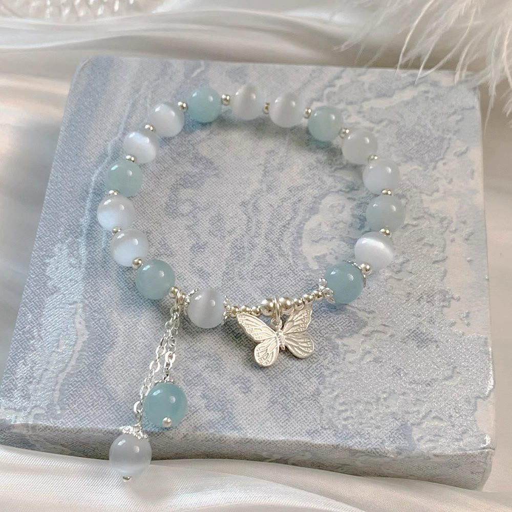 Buddha Stones Katzenauge Aquamarin Schmetterling Charm Stützarmband