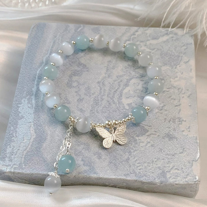 Buddha Stones Katzenauge Aquamarin Schmetterling Charm Stützarmband