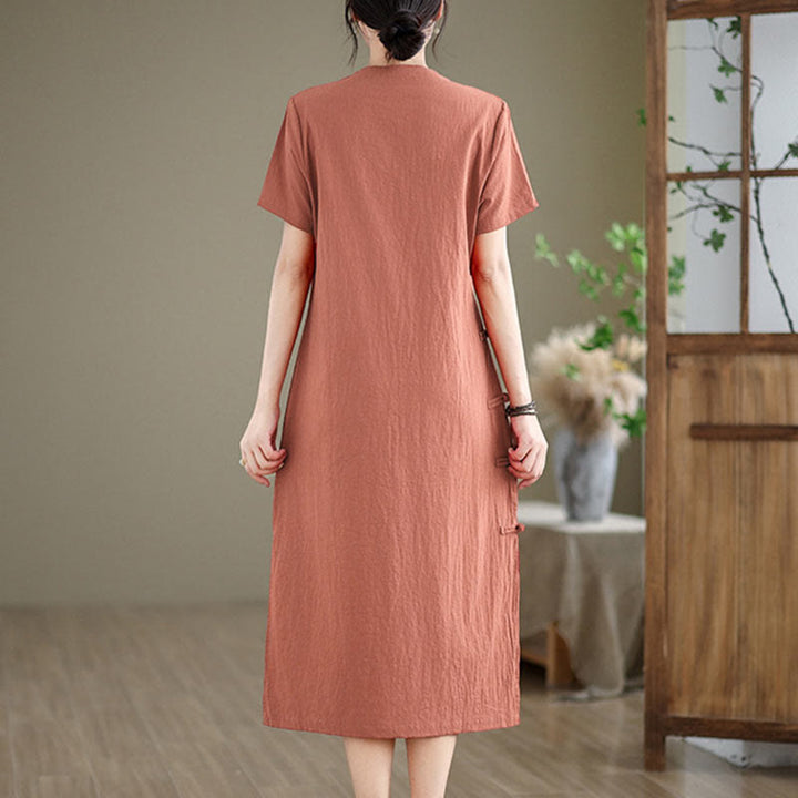 Buddha Stones Sommer Vintage Reine Farbe Chinesisches Cheongsam Qipao Midikleid mit Frosch-Knopf - image 3