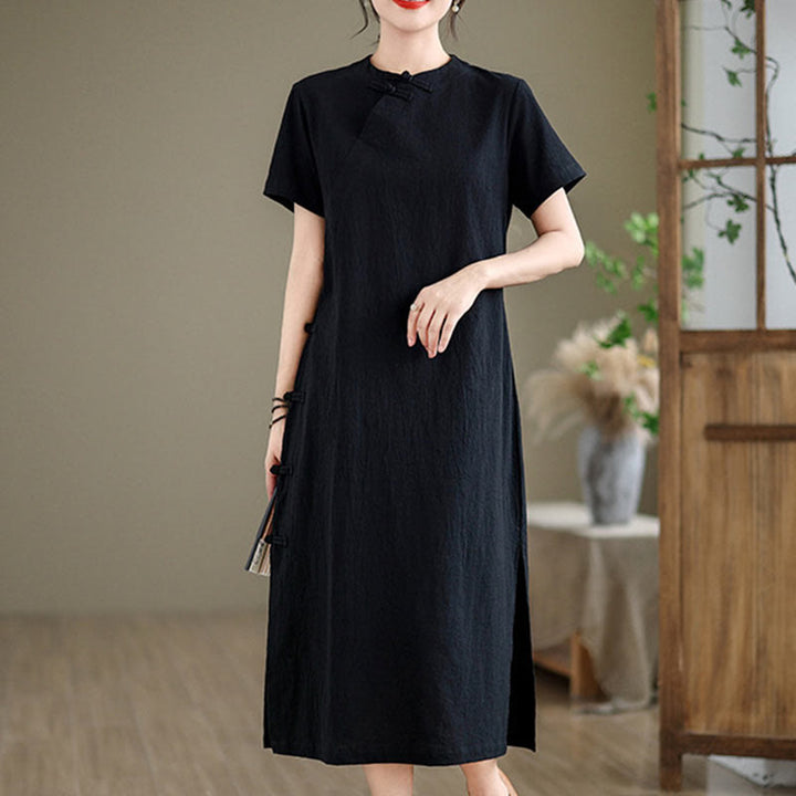 Buddha Stones Sommer Vintage Reine Farbe Chinesisches Cheongsam Qipao Midikleid mit Frosch-Knopf - image 14
