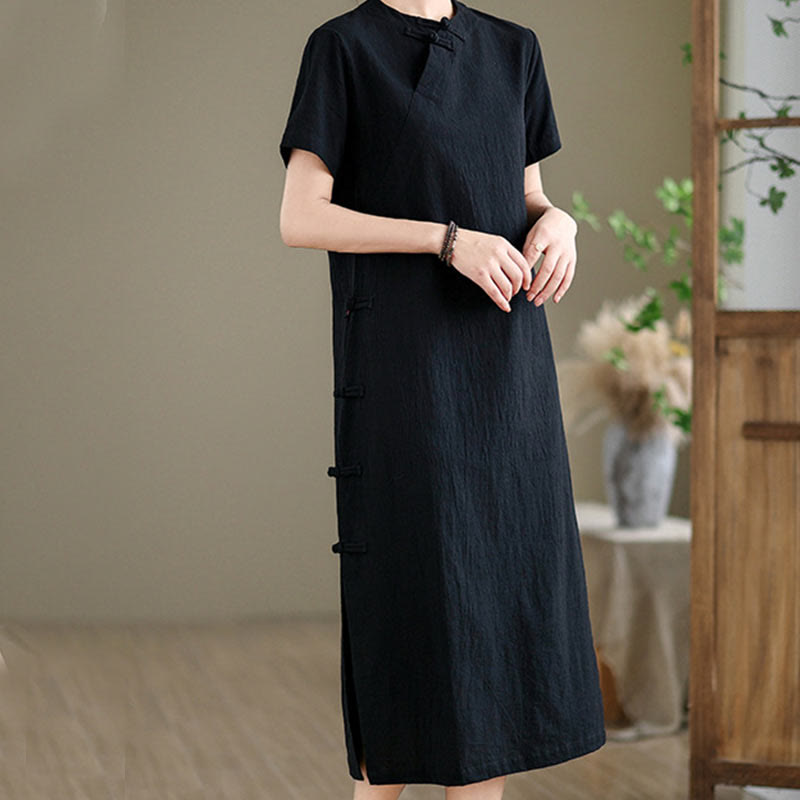 Buddha Stones Sommer Vintage Reine Farbe Chinesisches Cheongsam Qipao Midikleid mit Frosch-Knopf - image 15